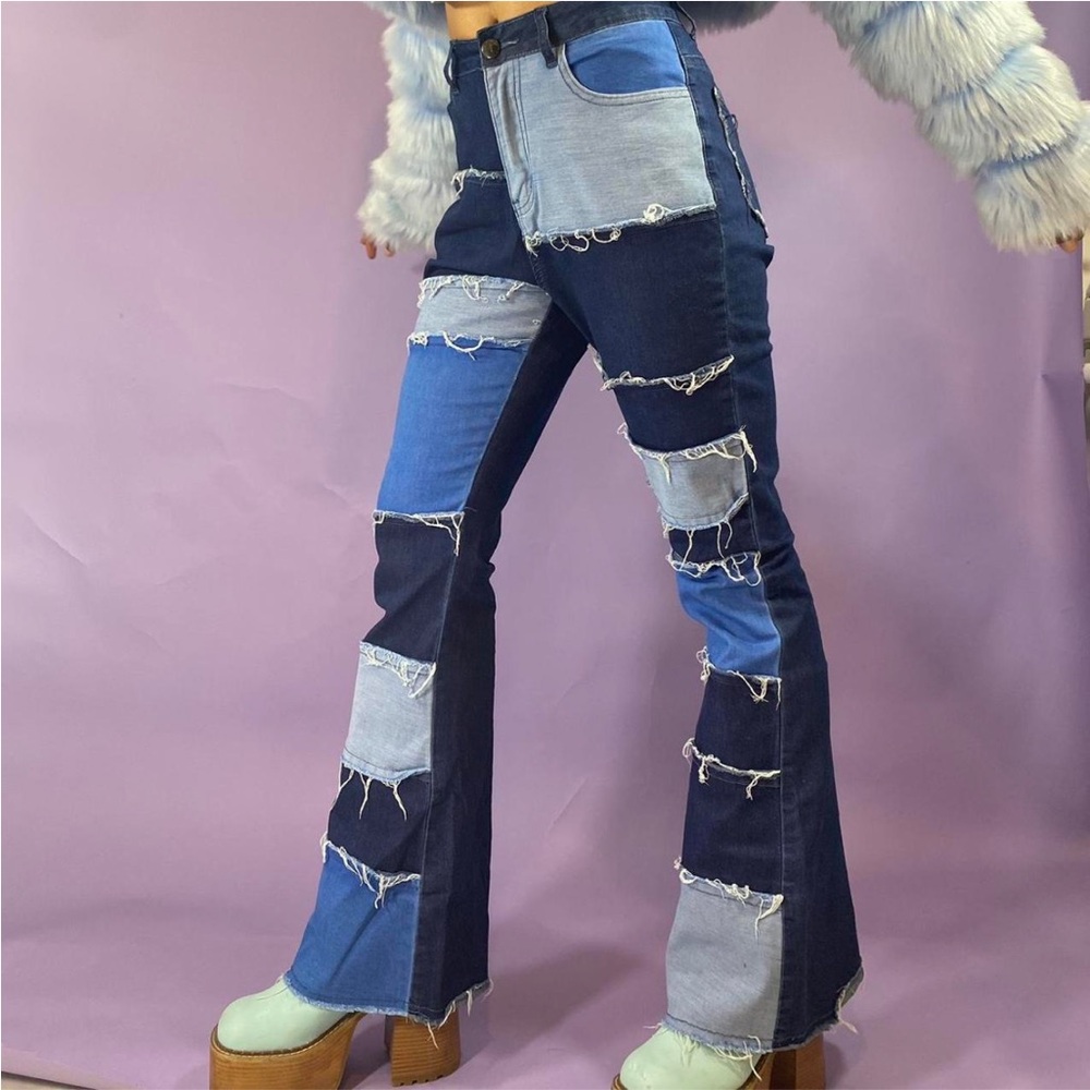 Jazz Denim Patchwork High Rise Flare Jeans Size‎ M